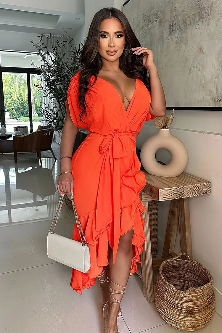 Deep V Neck Short Sleeve Tie Belt Ruffled Solid Color Midi Dresses-Orange