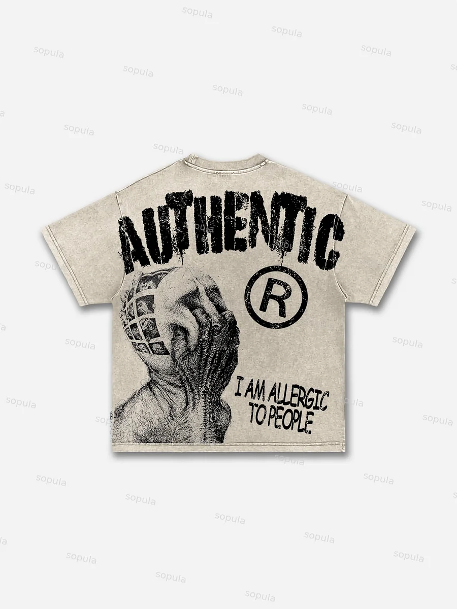 Vintage I Am Allergic To People Graphic Print Acid Wash T-shirt
