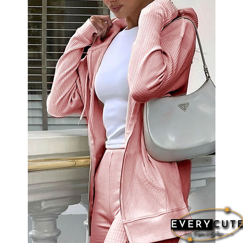 Pink Ribbed Zipper Hoodie with Shorts Lounge Set