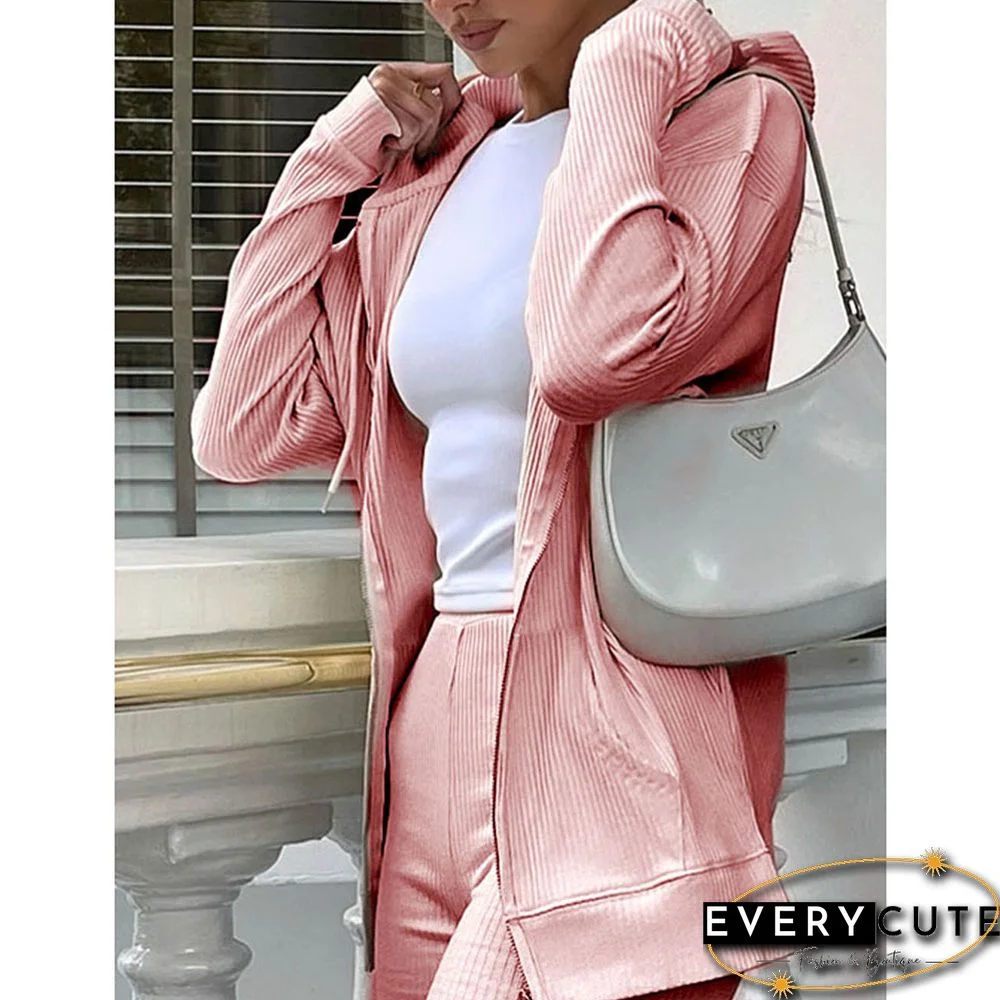 Pink Ribbed Zipper Hoodie with Shorts Lounge Set