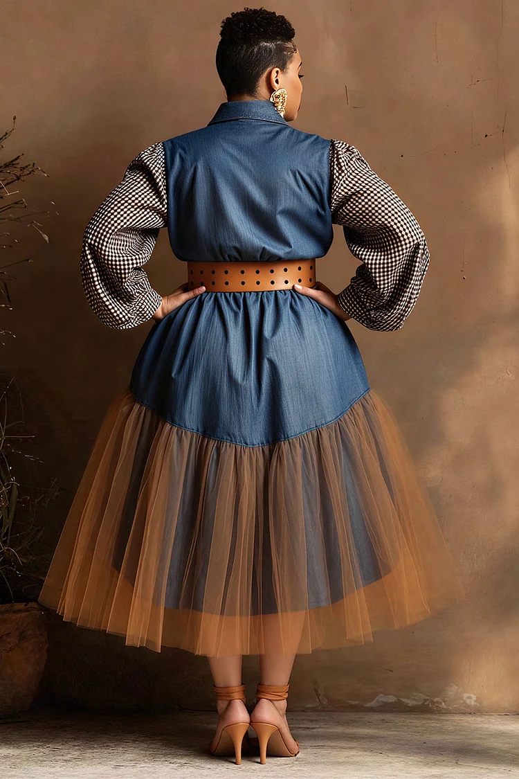 Xpluswear Design Plus Size Business Casual Blue Plaid Shirt Collar Lantern Sleeve Long Sleeve Pocket Casual Contrast Tulle Tencel Denim Midi Dresses [Pre-Order]