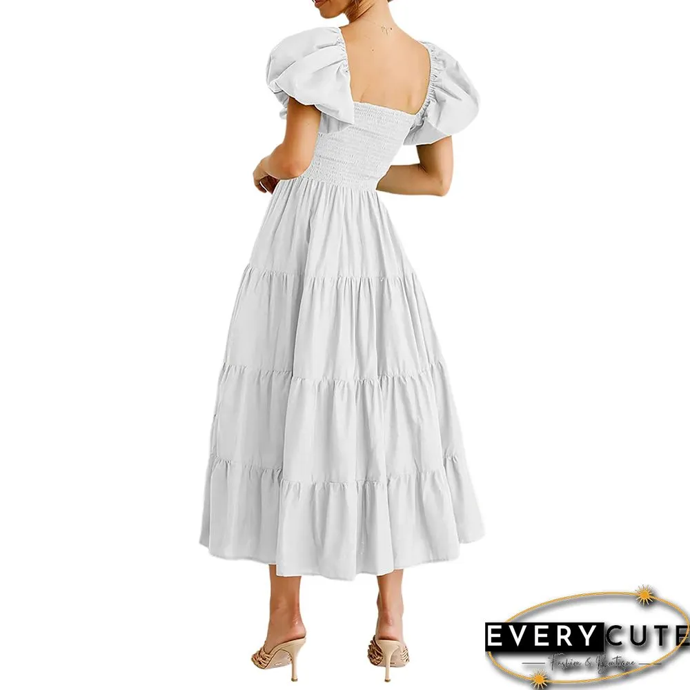 White Square Neck Puff Sleeve Pleated Casual Dress