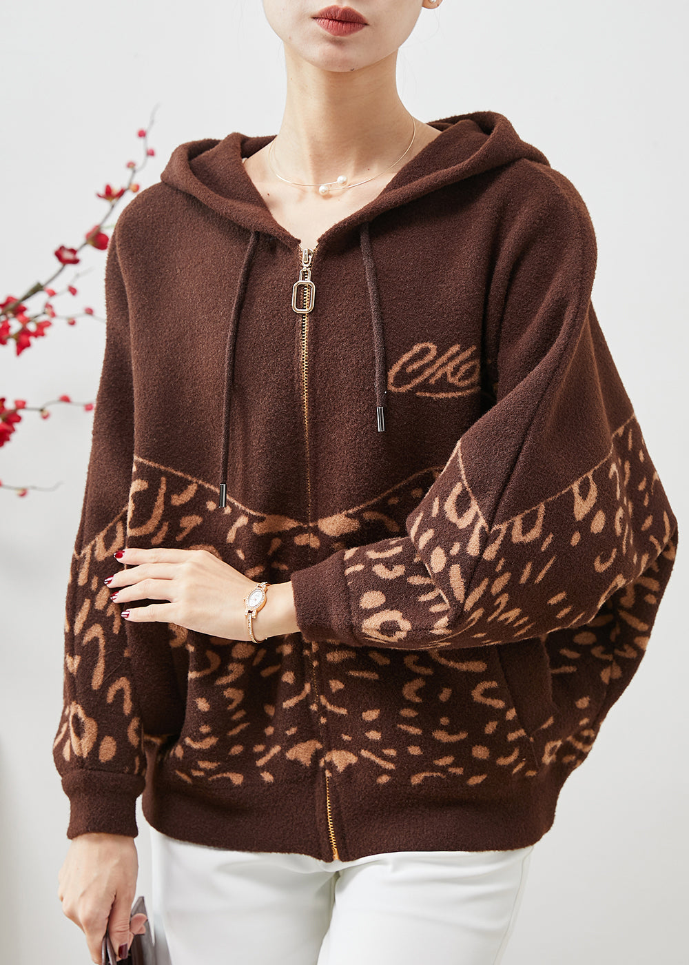 VCSHOES Brown Hooded Print Woolen Coat Spring