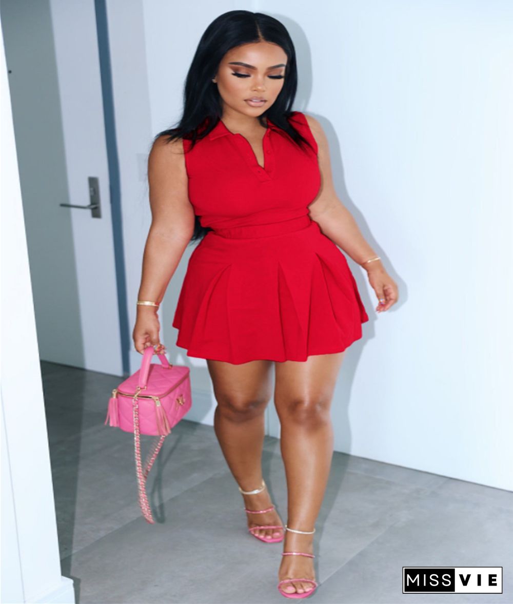 Sleeveless Pullover Polo Tops Pleated Skirt Suits