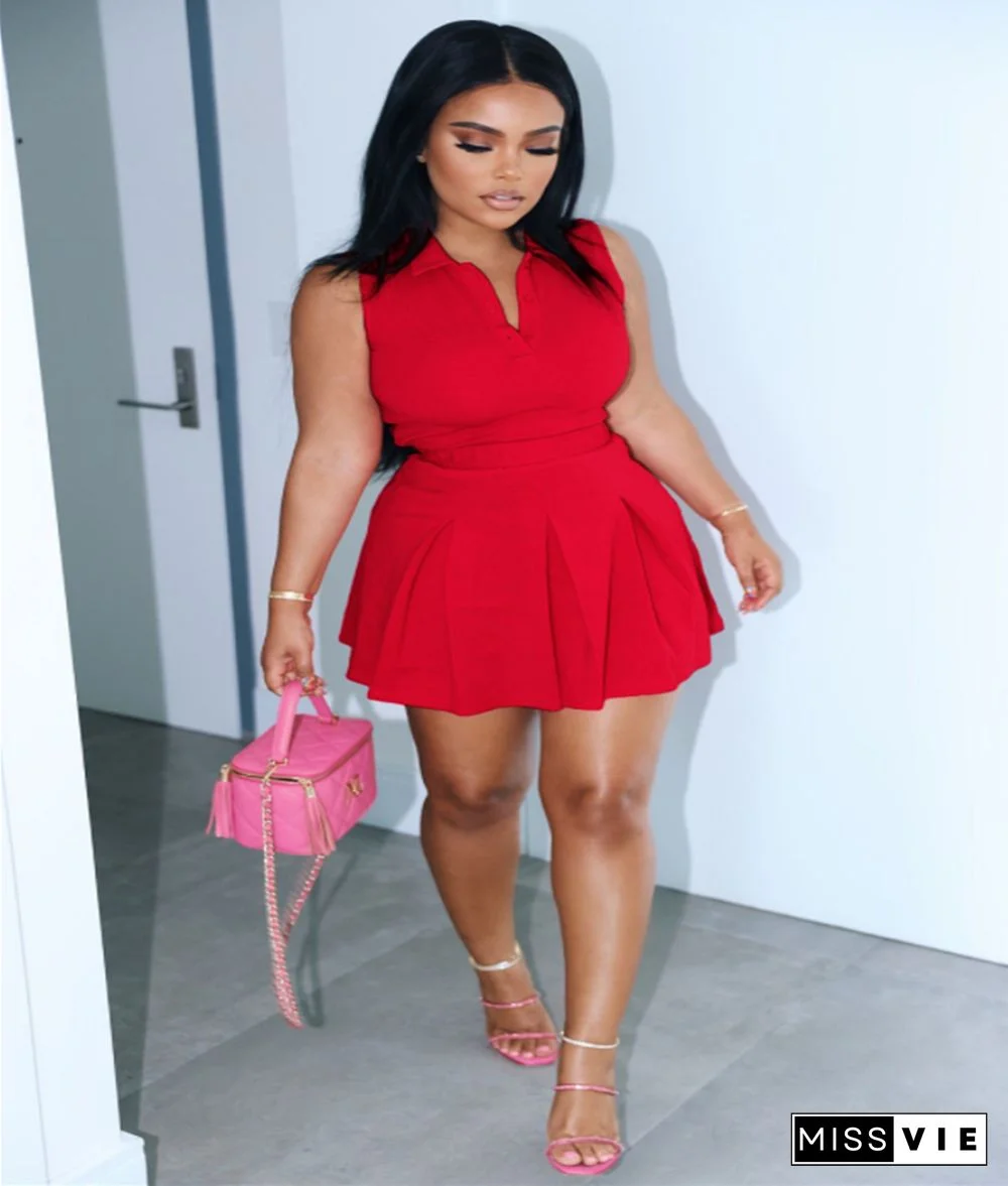 Sleeveless Pullover Polo Tops Pleated Skirt Suits