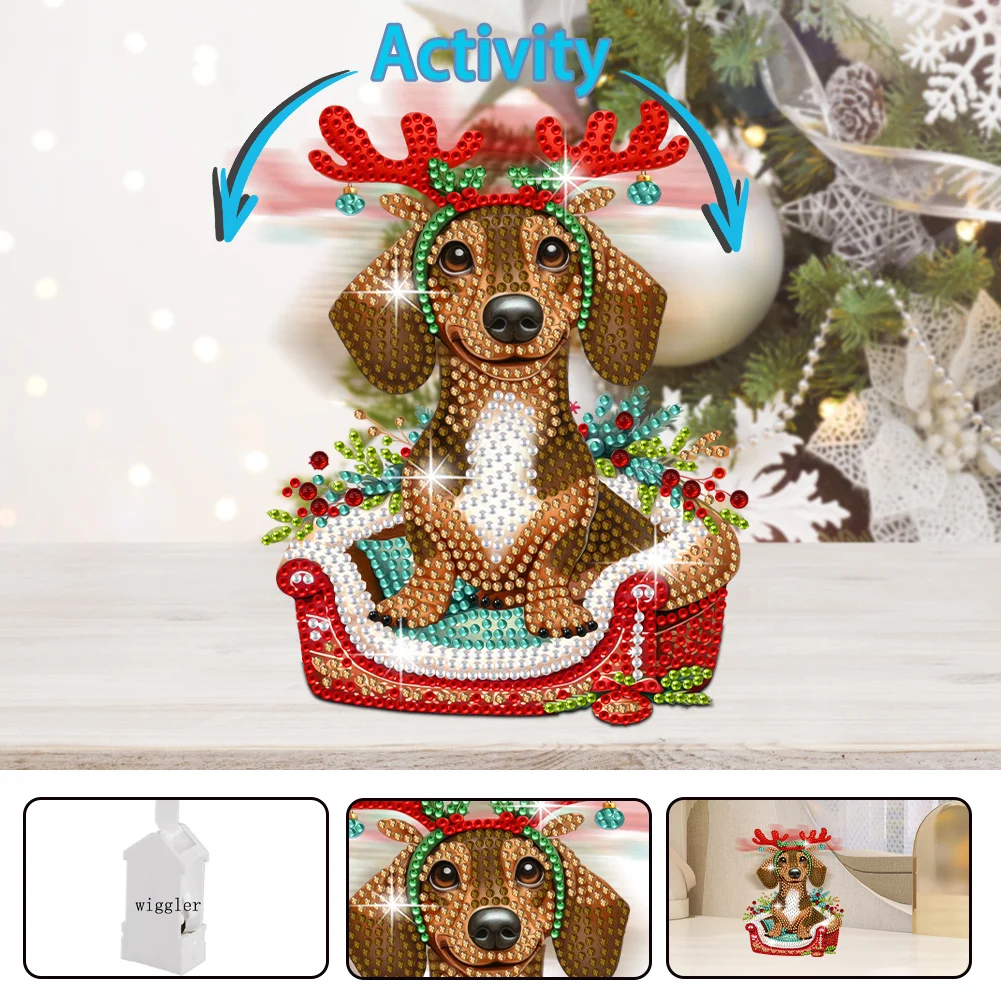 DIY Xmas Dachshund Acrylic Shaking Head Desktop Diamond Painting Art Kits for Kids