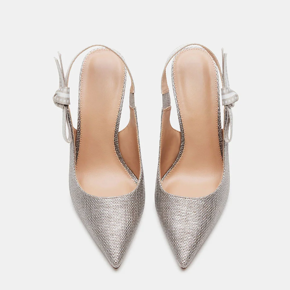 Fashion Glitter Closed Pointed Toe Bow Slingback Slip On Silver Pumps