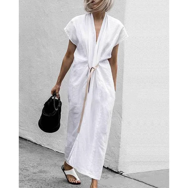 Solid V-Neck Split With Belt Plus Size Dress