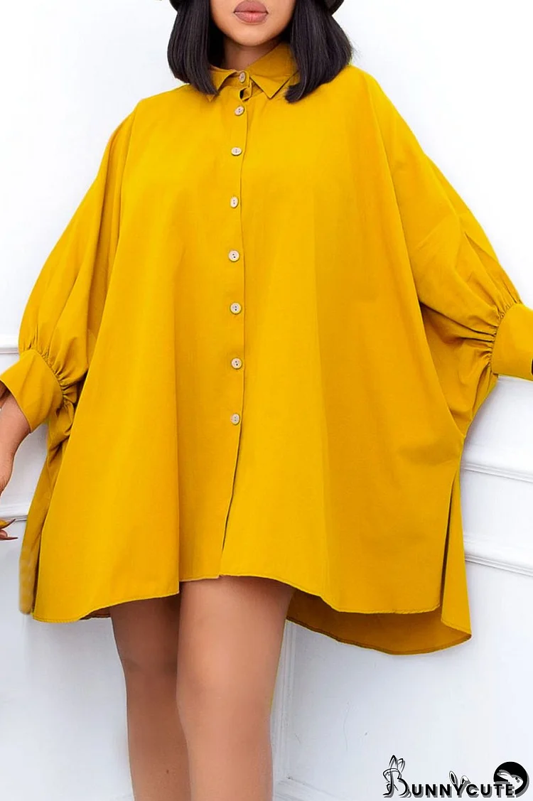 Yellow Casual Solid Split Joint Buckle Turndown Collar Shirt Dress Dresses