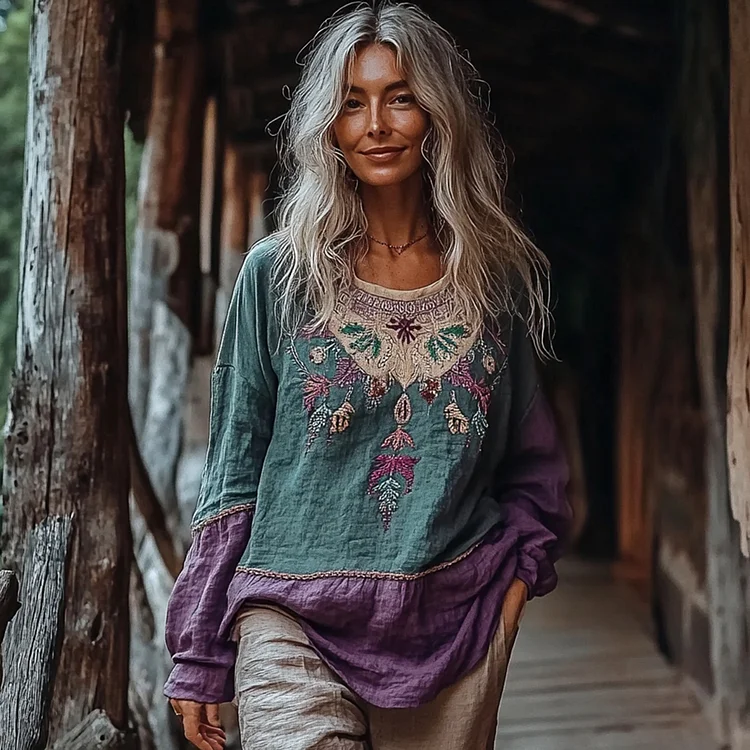 VChics Bohemian Embroidered Floral Contrast Crew Neck Linen Blend Blouse