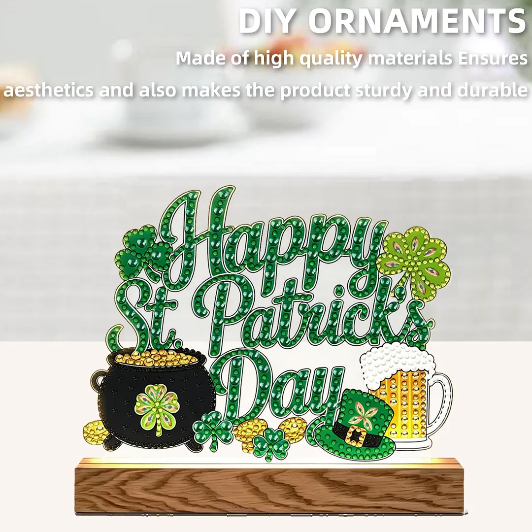 Saint Patrick DIY Acrylic Diamond Painting Night Light for Adults Beginner Diamond Art Table Lamp with Wooden Base for Woman Man Desk Bedroom Tabletop Decor