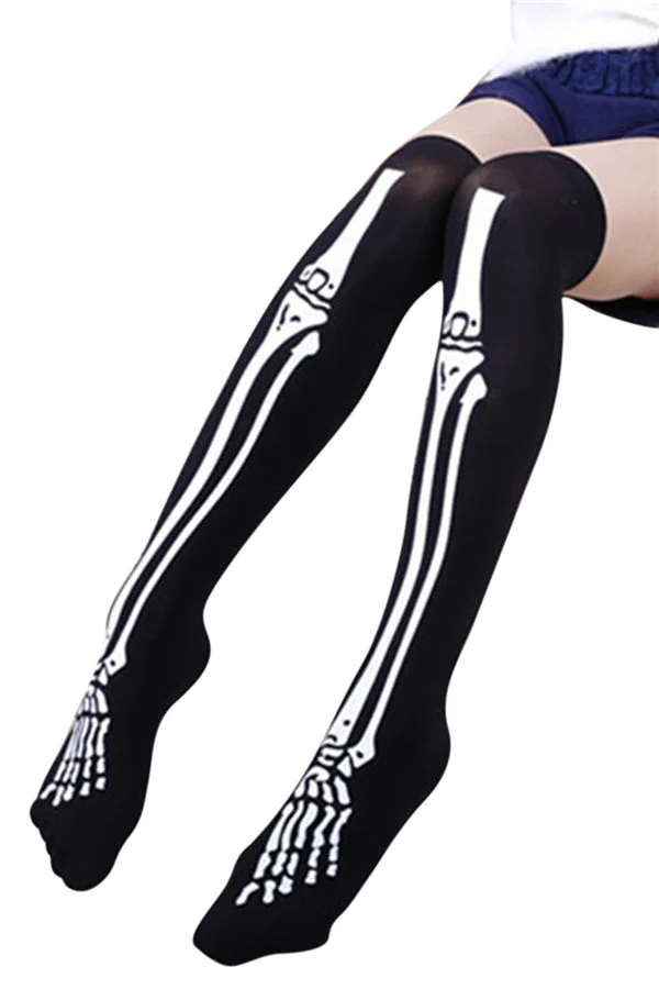 Skeleton Bone Print Knee High Stockings For Halloween Party Black-elleschic