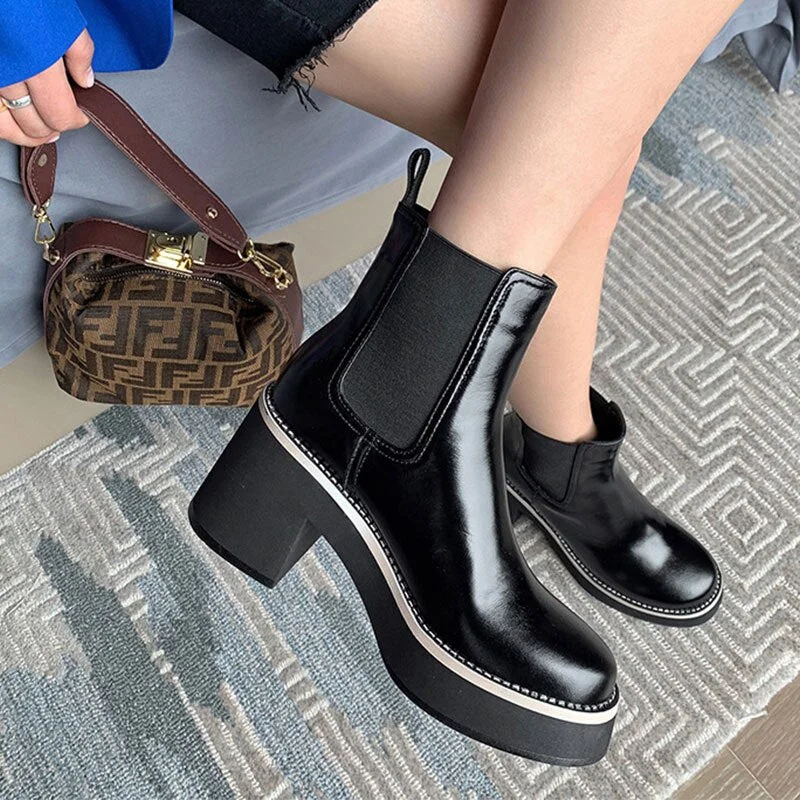 Fashion Platform Chelsea Boots For Women Chunky Heels Ladies Leather Shoes Autumn Winter Slip On Square Toe Female Ankle Boots