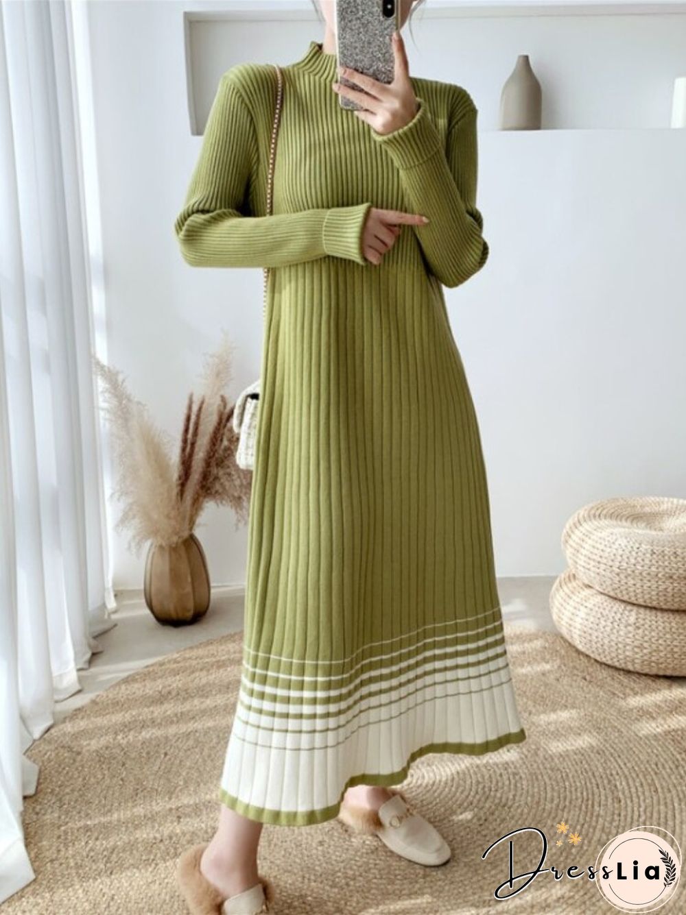 Autumn Winter New Women's Striped Knitting Pullover Dress Women's High Waist Loose Korean Fashion Long Sleeve Knitting Dress Top