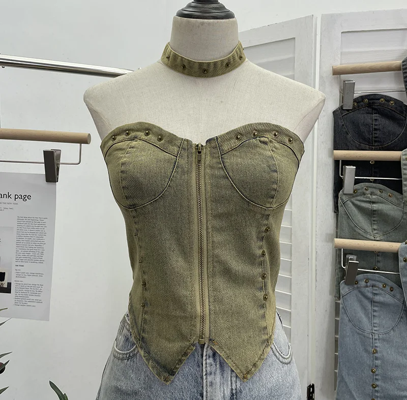 Uveng Vintage Babes Cowboy Breast Sling Sling Vest Sexy Sleeveless Hanging Neck Sleeveless Topie Girl 2616