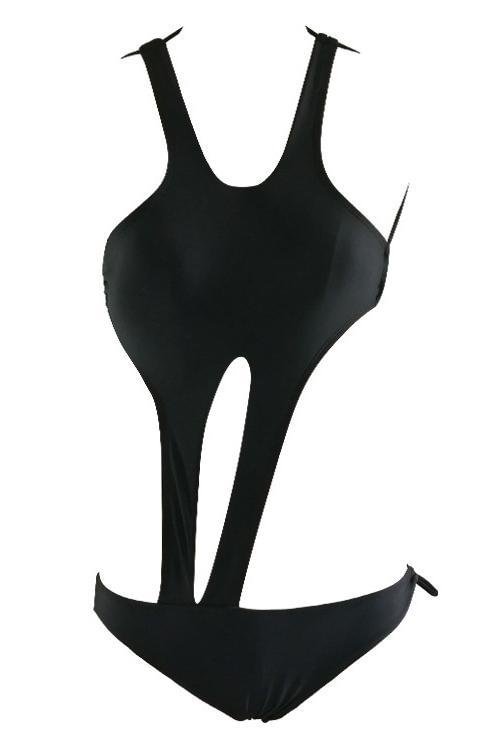 Black Halter Scoop Neck Strappy Cutout Tied Backless Sexy One Piece Monokini-elleschic