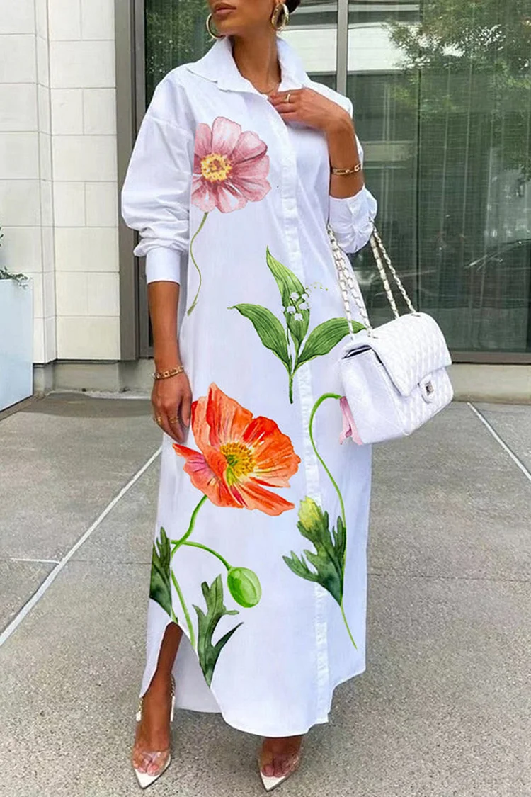 Plus Size Business Casual White Elegant Floral Shirt Collar Long Sleeve Maxi Dresses [Pre-Order] 2024 - Xpluswear