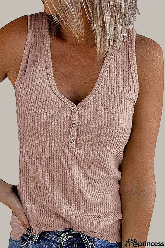 Solid V Neck Buttons Sleeveless Top