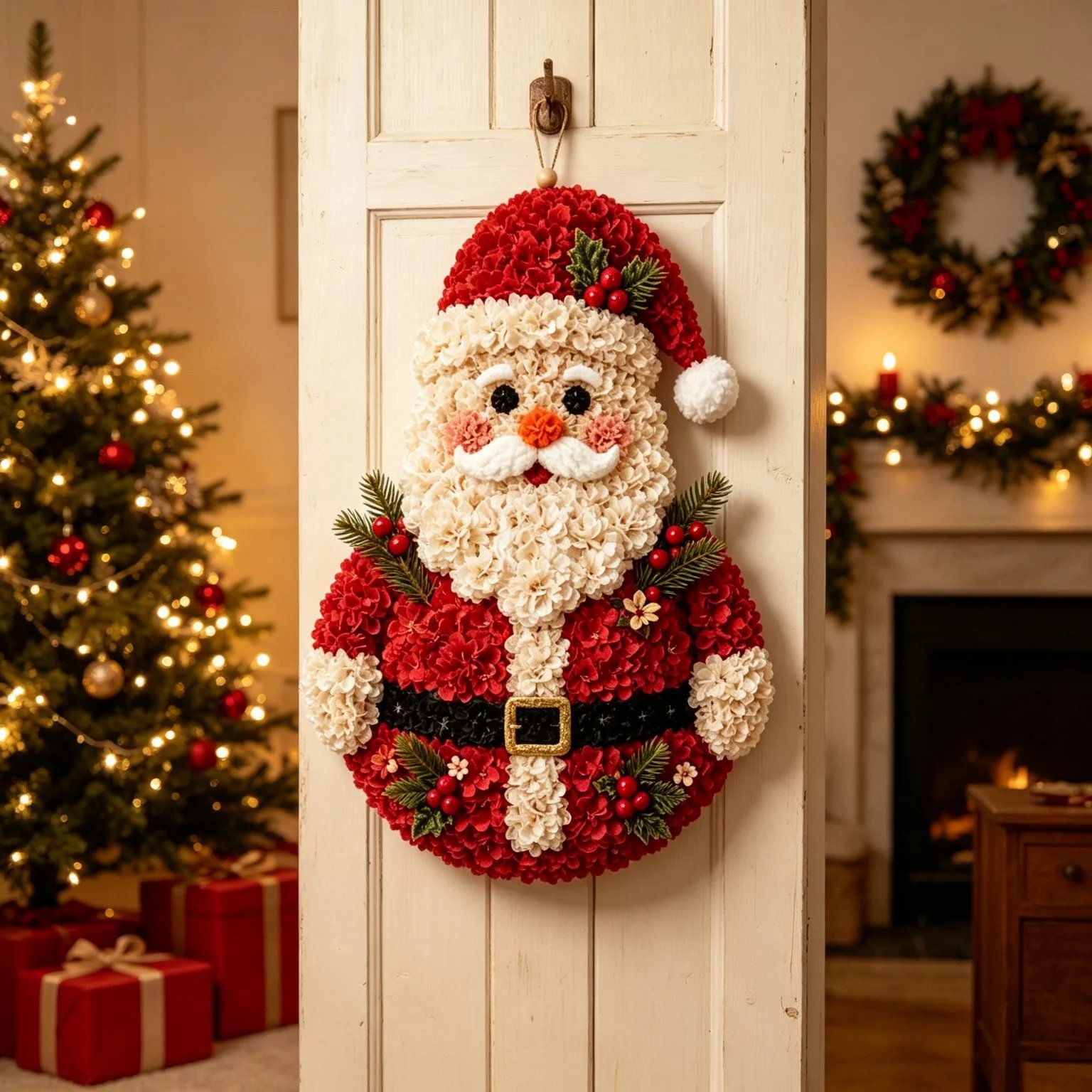 Finished Christmas fabric flower decoration hanging in a cozy home
