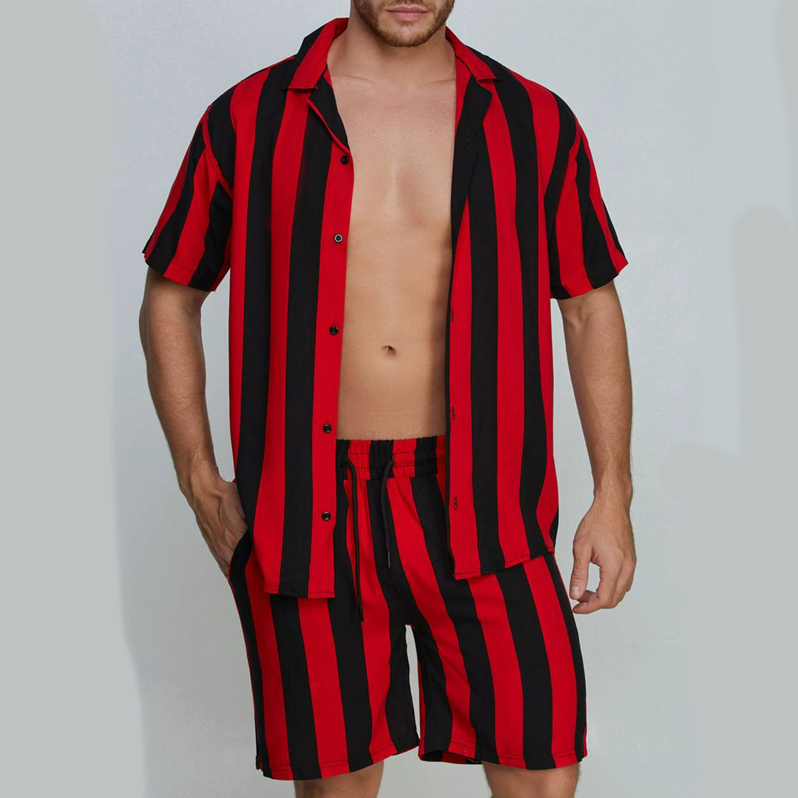 Men's Classic Casual Striped Digital Print Cuban Collar Shirt Shorts Two-Piece Set