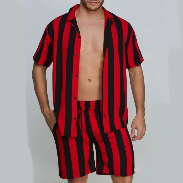 Men's Classic Casual Striped Digital Print Cuban Collar Shirt Shorts Two-Piece Set