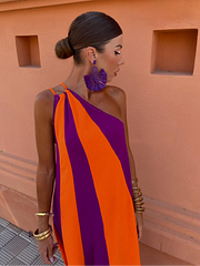 Iplaynox stylish dresses Women Chic Contrasting Striped Print Loose Long Dress Elegant Diagonal Collar Sleeveless Robes Summer Lady Holiday Vestidos 2025