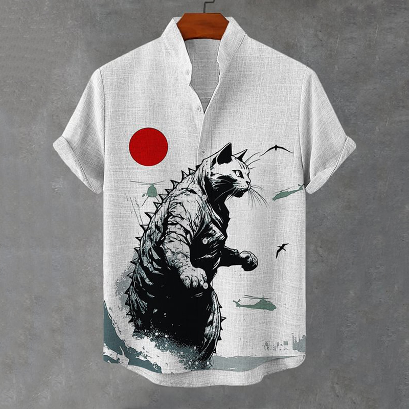 Men's Sea Wave & Cat Art Print Linen Blend Shirt wearshes