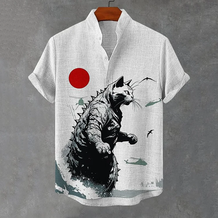 Men's Sea Wave & Cat Art Print Linen Blend Shirt