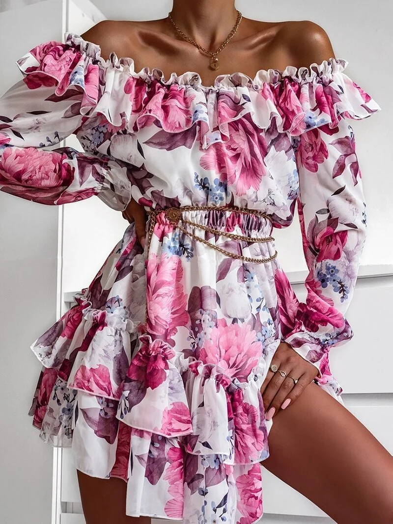 Abebey Autumn Ruffles Off Shoulder Print Dress 2023 Women Chiffon Floral Slash Neck Long Sleeve Dress Female Short A Line Party Dress
