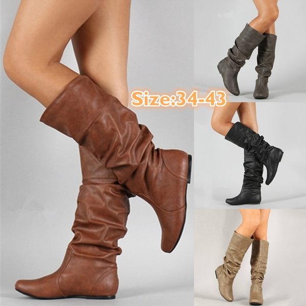 Winter Fashion Women Low Heel Solid Color Long Boots Ladies Pointed Toe Knee High Artificial Leather Boots 34-43 - Shop Trendy Women's Clothing | LoverChic