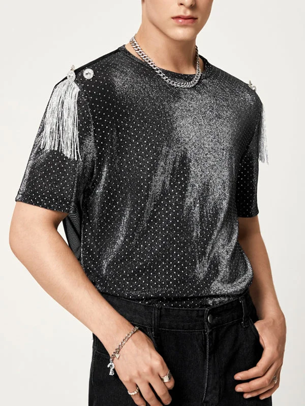 Aonga - Mens Tassel Short Sleeve See Through T-shirt
