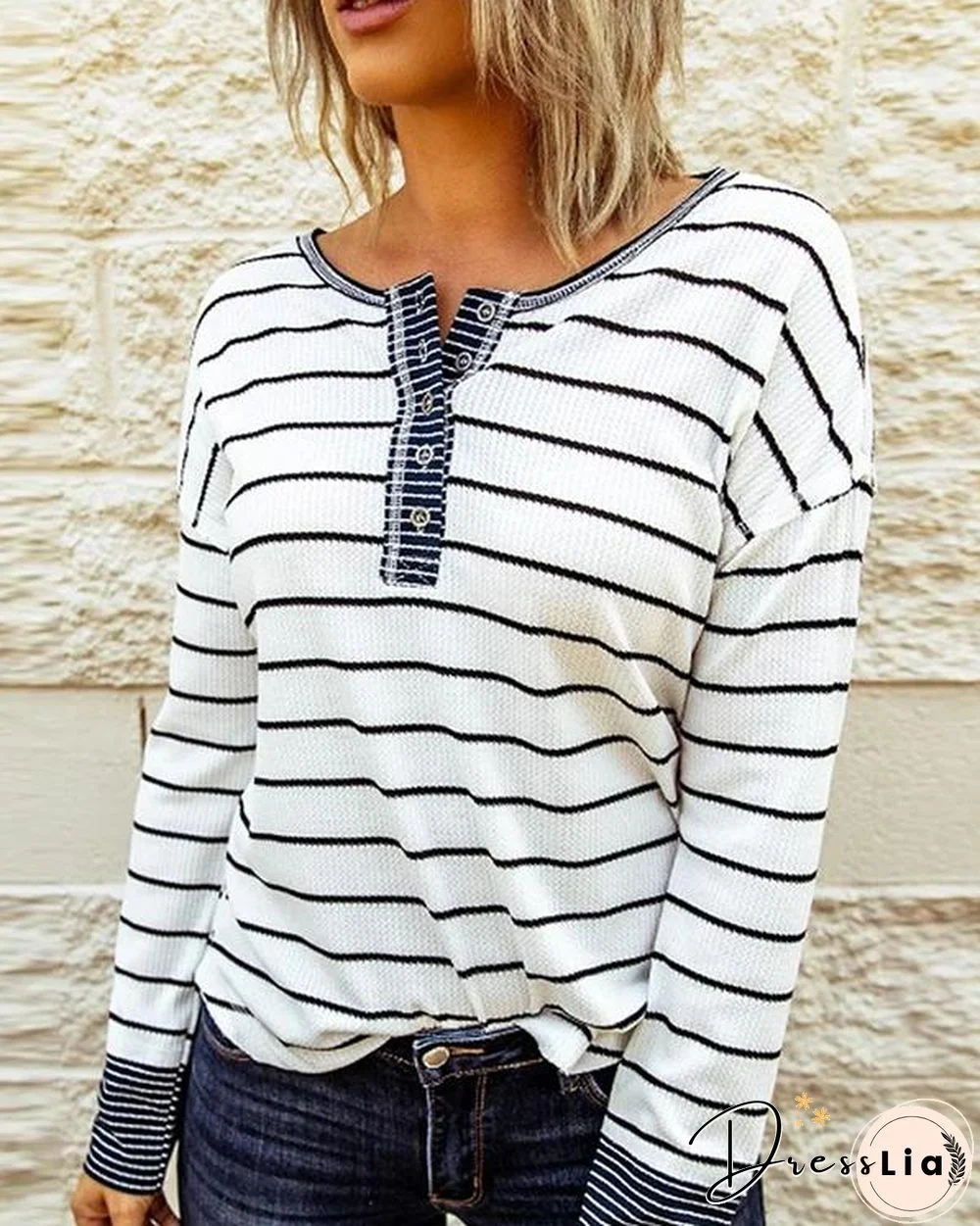 Round Neck Stripes Cotton-Blend Casual Sweatshirt