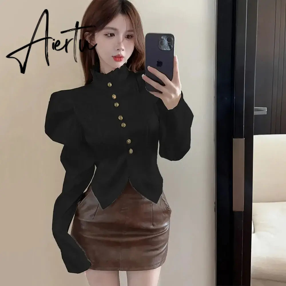 Aiertu 2024 Early Spring Fungus Edge Korean Shirts Autumn Bubble Sleeve Sweet Shirts For Woman Slim Bottoming Shirt Chic Crop Tops Lady Aiertu