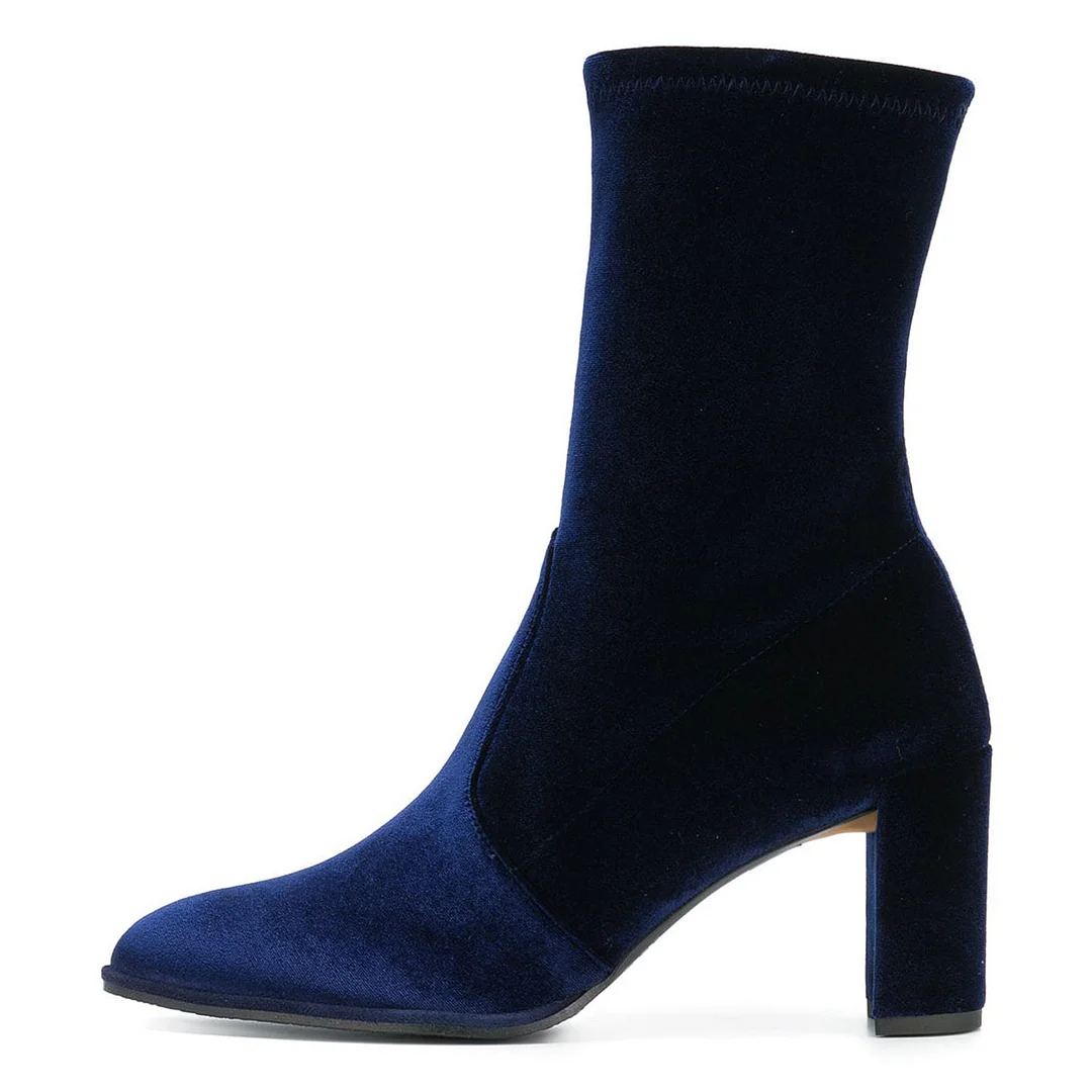 Navy Blue Velvet Pointed Toe Pull-On Block Heel Ankle Boots