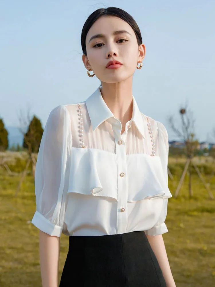 Oocharger Sexy Mesh Patchwork White Shirt Women Elegant Short Sleeve Sweet Blouse Korean Casual Pearl Buttons Female Fashion Tops