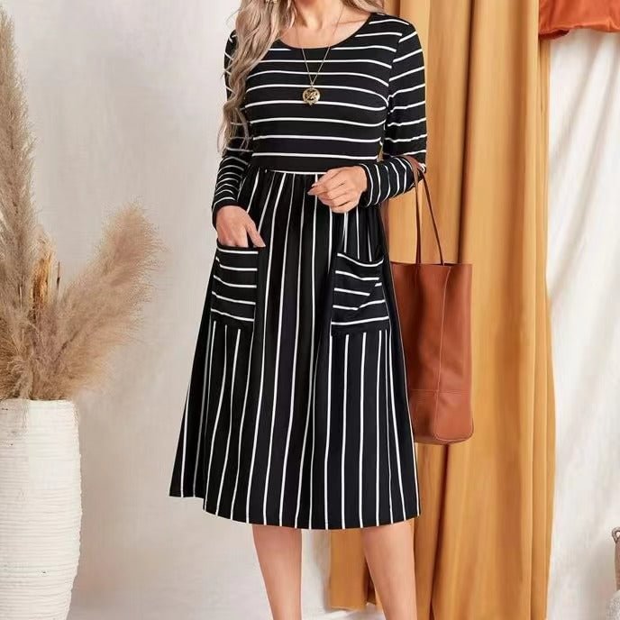 Casual Striped Print Pocket Dress