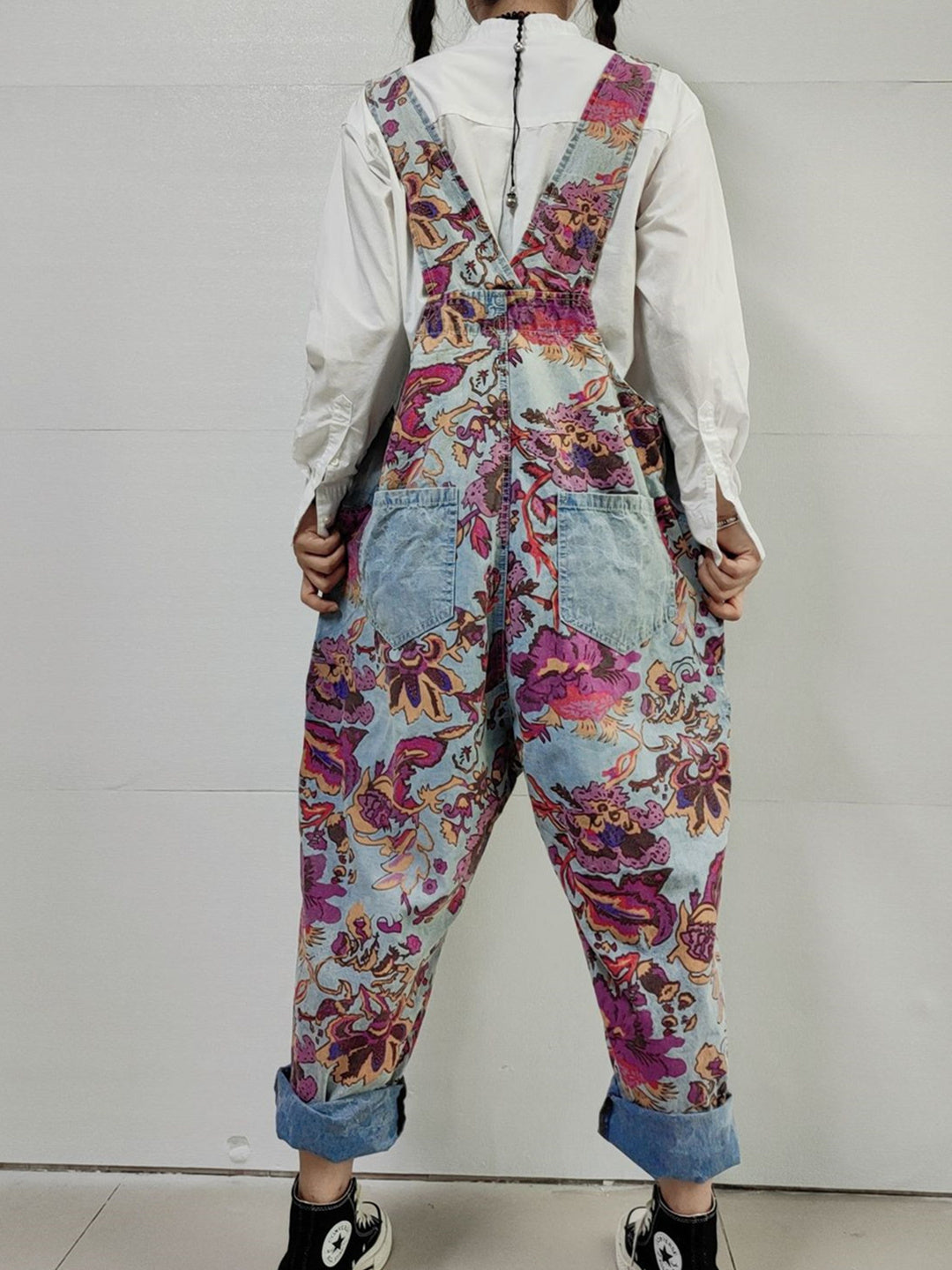 Women's Floral Printed Casual Retro Cropped Workwear Denim Overalls Jumpsuit
