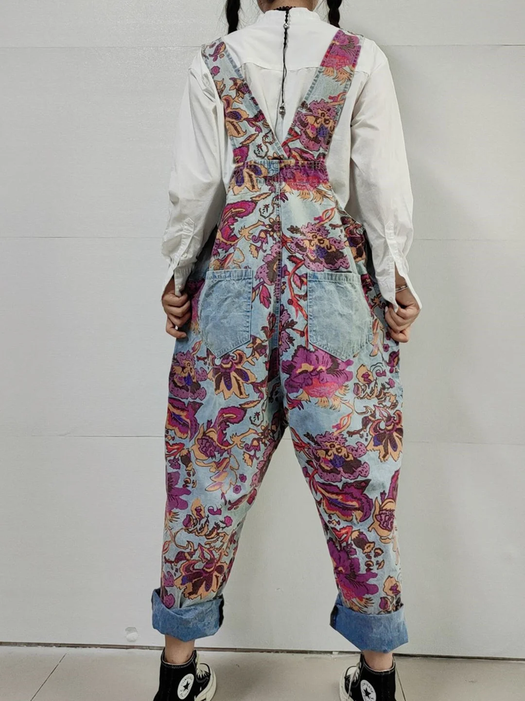 Women's Floral Printed Casual Retro Cropped Workwear Denim Overalls Jumpsuit