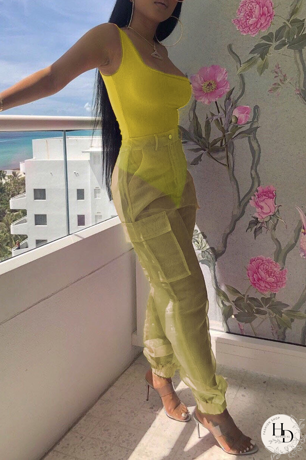 Yellow Sexy Solid Mesh Square Collar Sleeveless Two Pieces