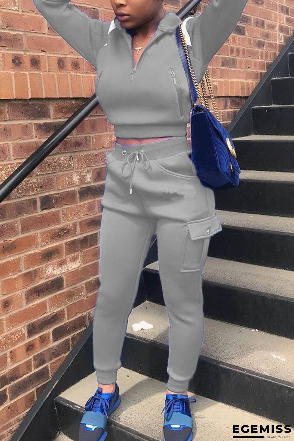 Grey Fashion Casual Patchwork Solid Patchwork Turndown Collar Long Sleeve Two Pieces | EGEMISS