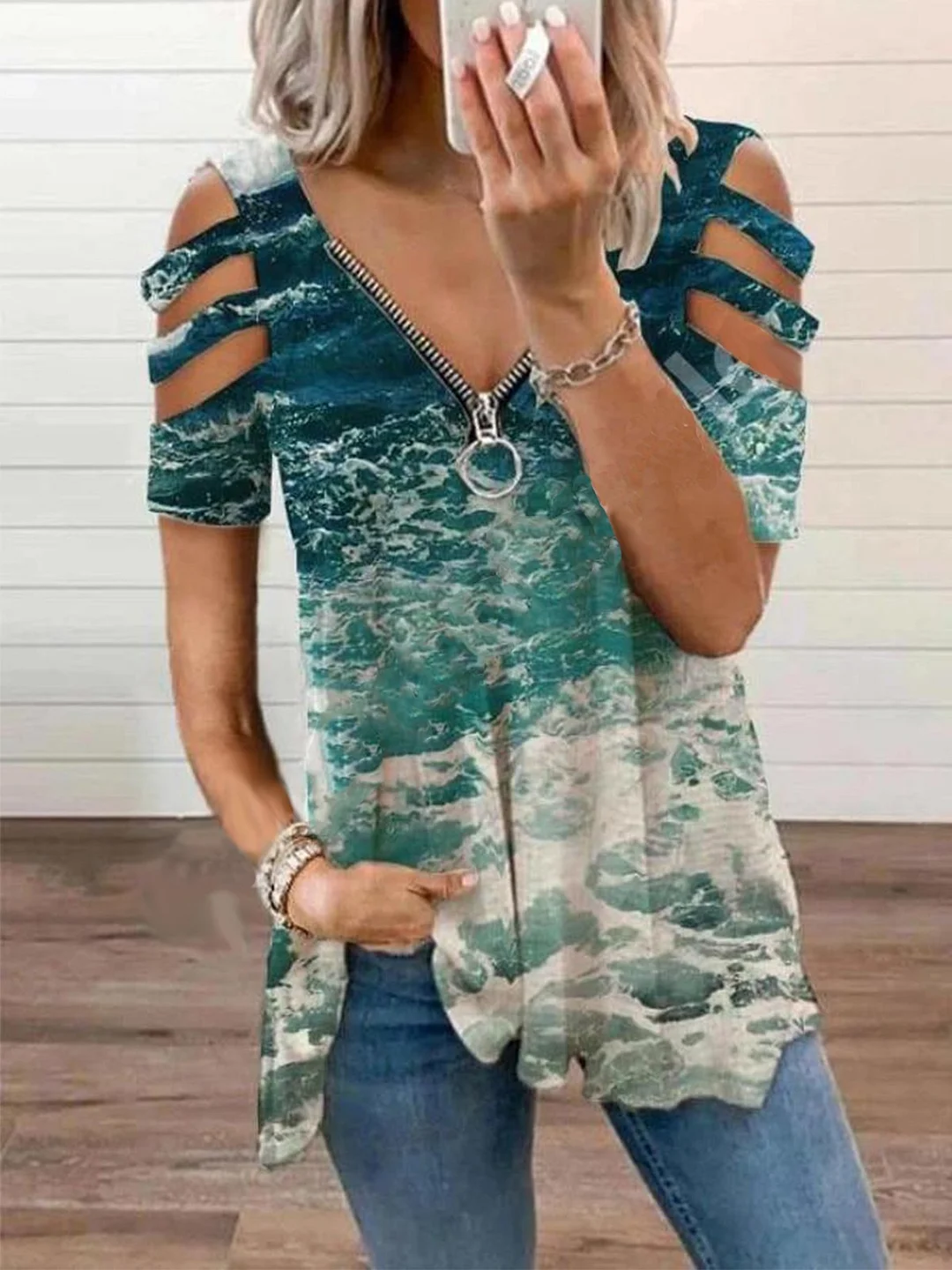 Cotton-Blend Abstract Short Sleeve Shirts & Tops