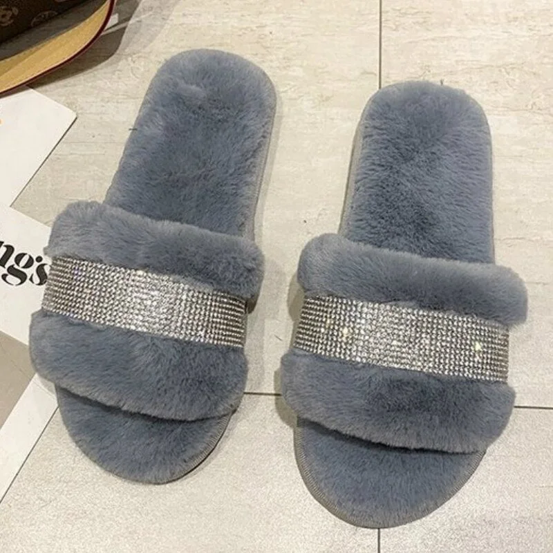 Winter Luxury Rhinestone Women Warm Fur Slippers Cozy Fluffy Furry Slides Crystal Flat Indoor Slides Design Home Shoes Ladies 43