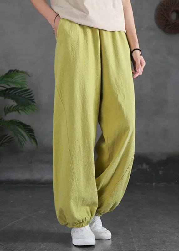 Yellow Solid Cotton Beam Pants Elastic Waist Spring