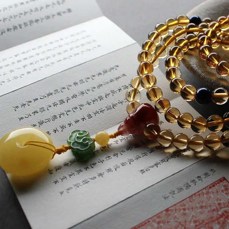 Natural Citrine Amber 108 Mala Beads Peace Buckle Red Agate PiXiu Protection Charm Bracelet