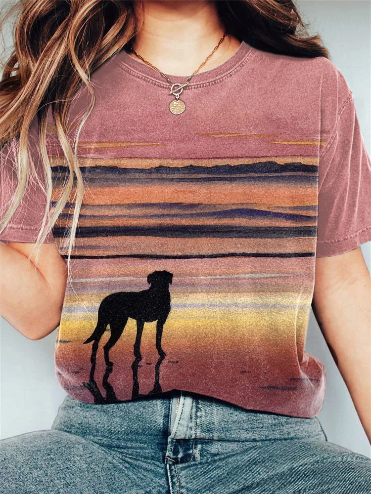 Lively Dog Ocean Landscape Art Print Casual Cotton T-Shirt