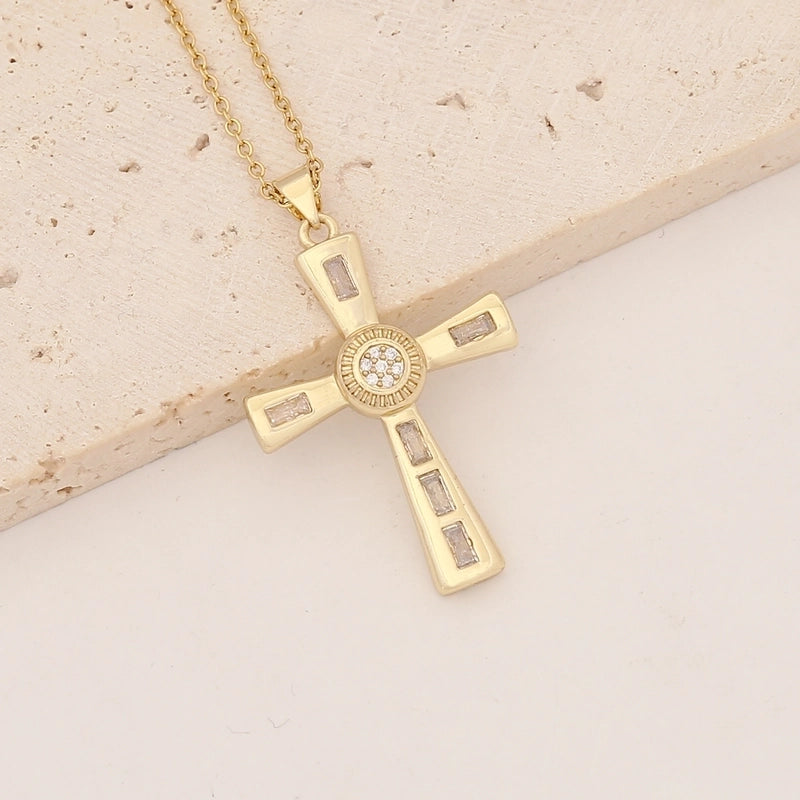 Commute Cross Copper Inlay 18K Gold Plated Zircon Pendant Necklace