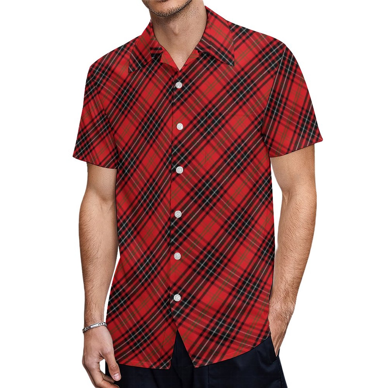 Red Black Scottish Tartan Chic Stylish Pattern Hawaiian Shirt Mens Button Down Tropical Hawaii Beach Shirts