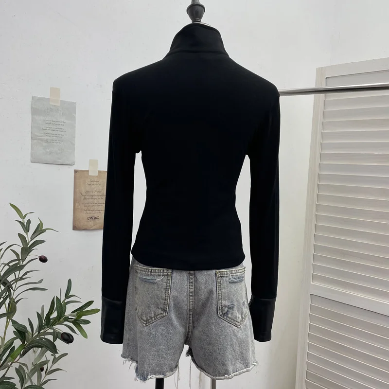 Nigikala Nigikala Modern Zipper Collar Spliced Pu Leather Shirt Babes Short Jacket Coat Fur Coat 1365