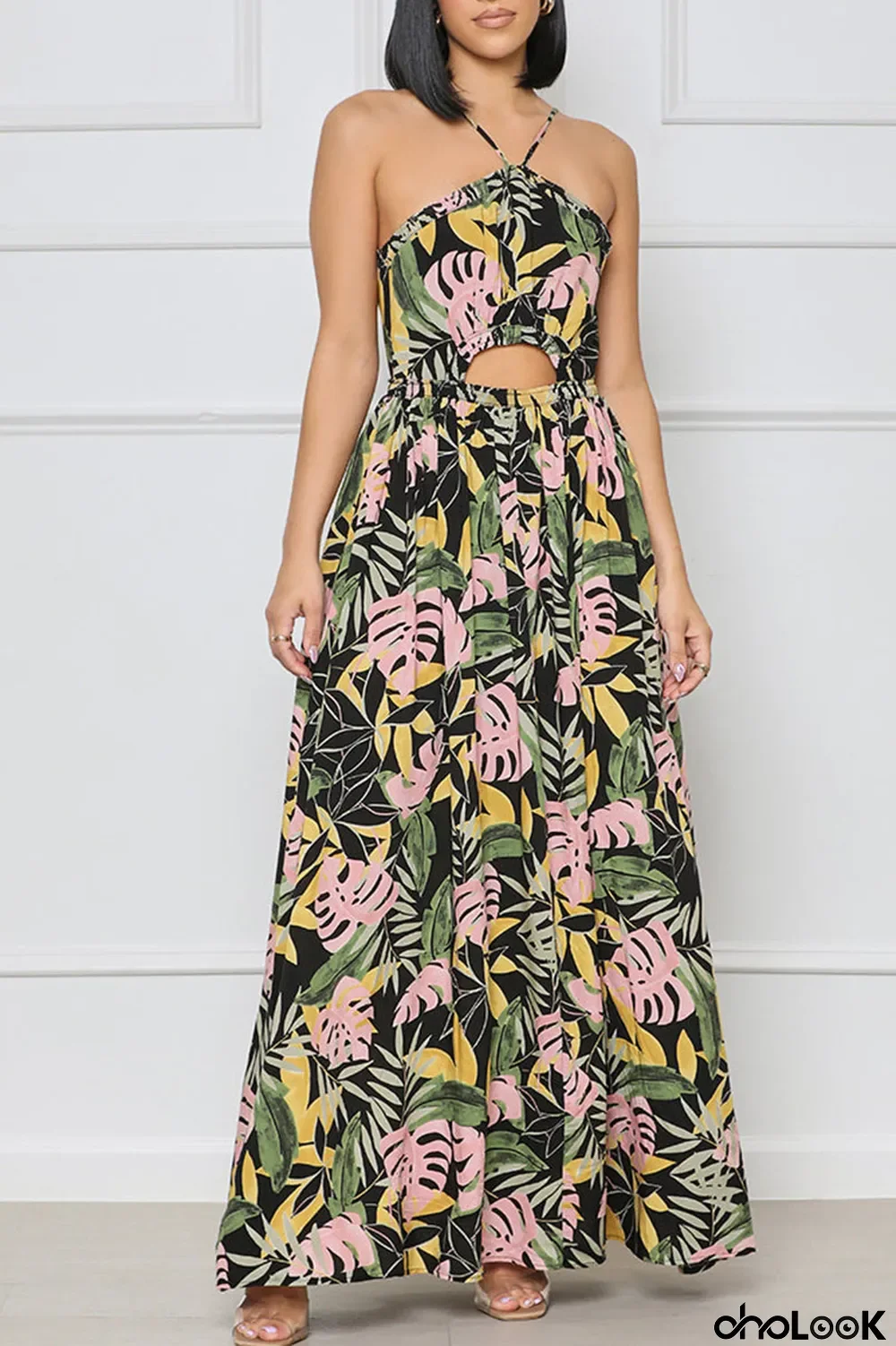 Green Sexy Print Hollowed Out Patchwork Backless Spaghetti Strap Straight Dresses