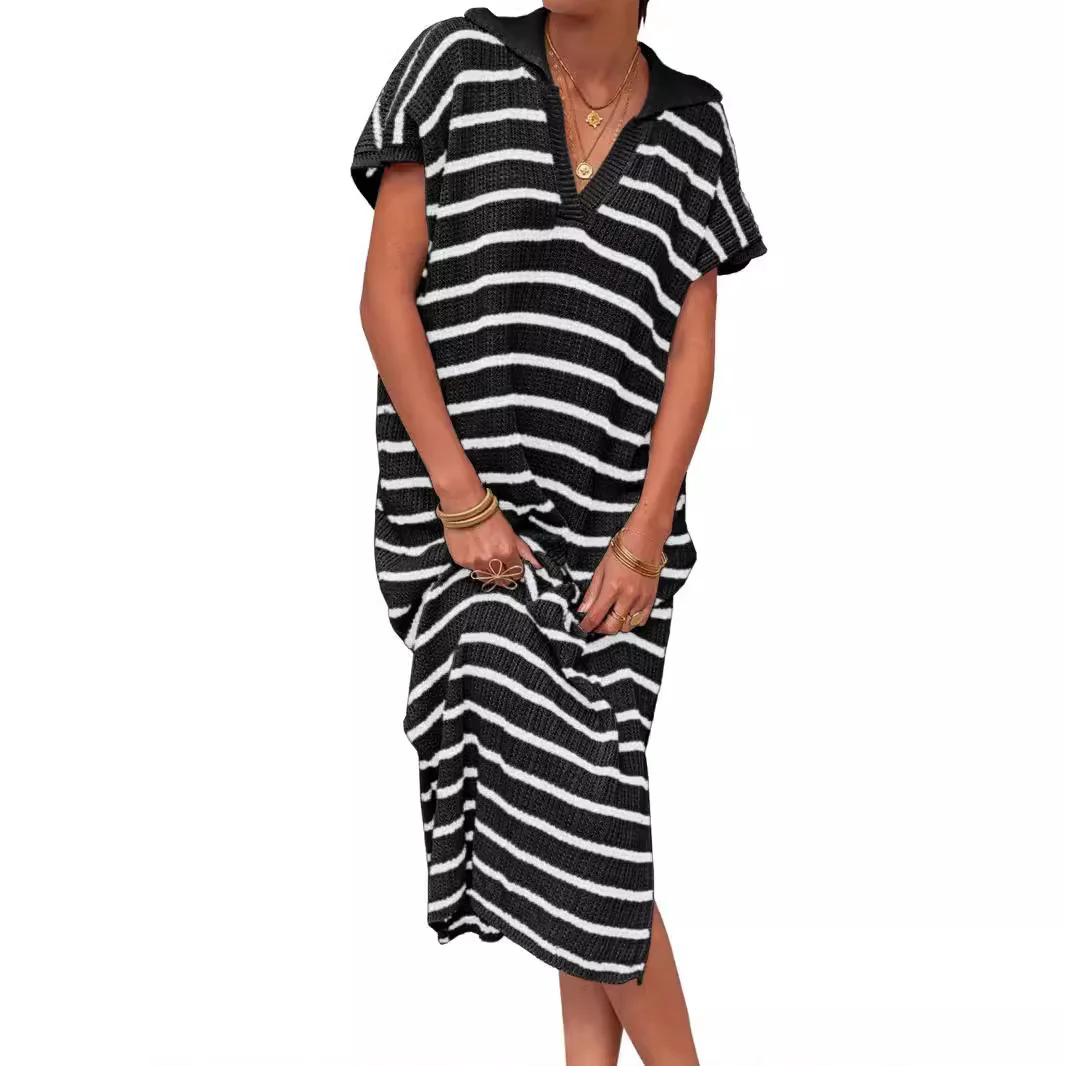 Woherb Woherb Summer Dress Women's V-Neck Stripe Low Slit Lapel Long Sweater Even-Outfit Ideas